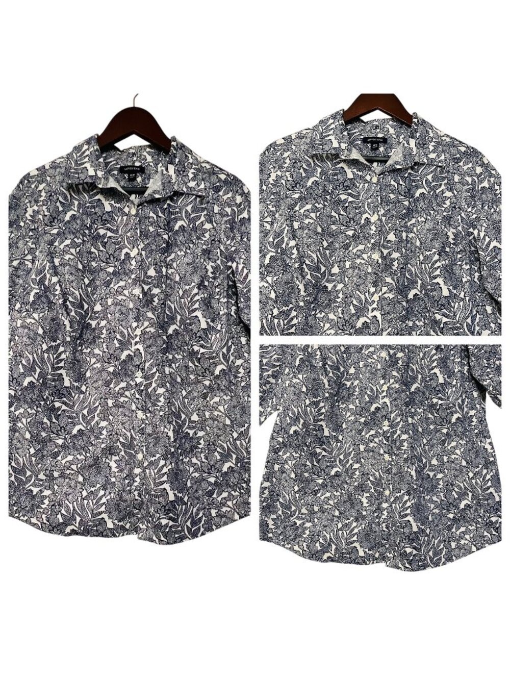 Lands End Womens 16W Blue White Floral Button-Down Shirt Long Sleeve 100% Cotton